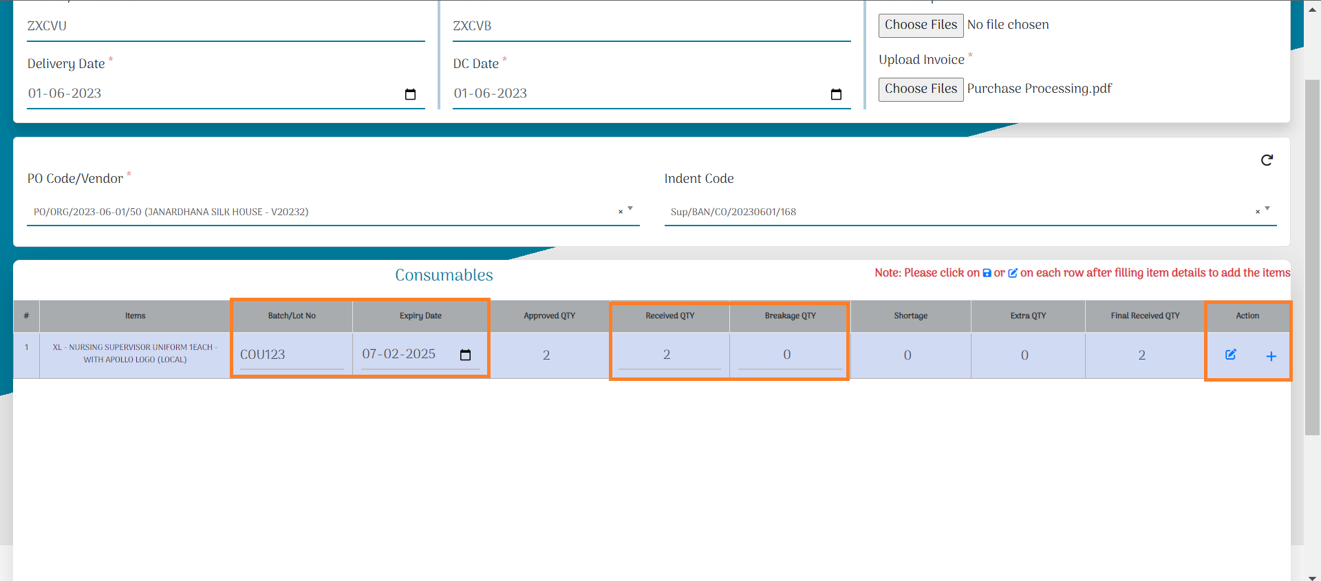 Update Batch No, Expiry Date, Received QTY, Remarks:
