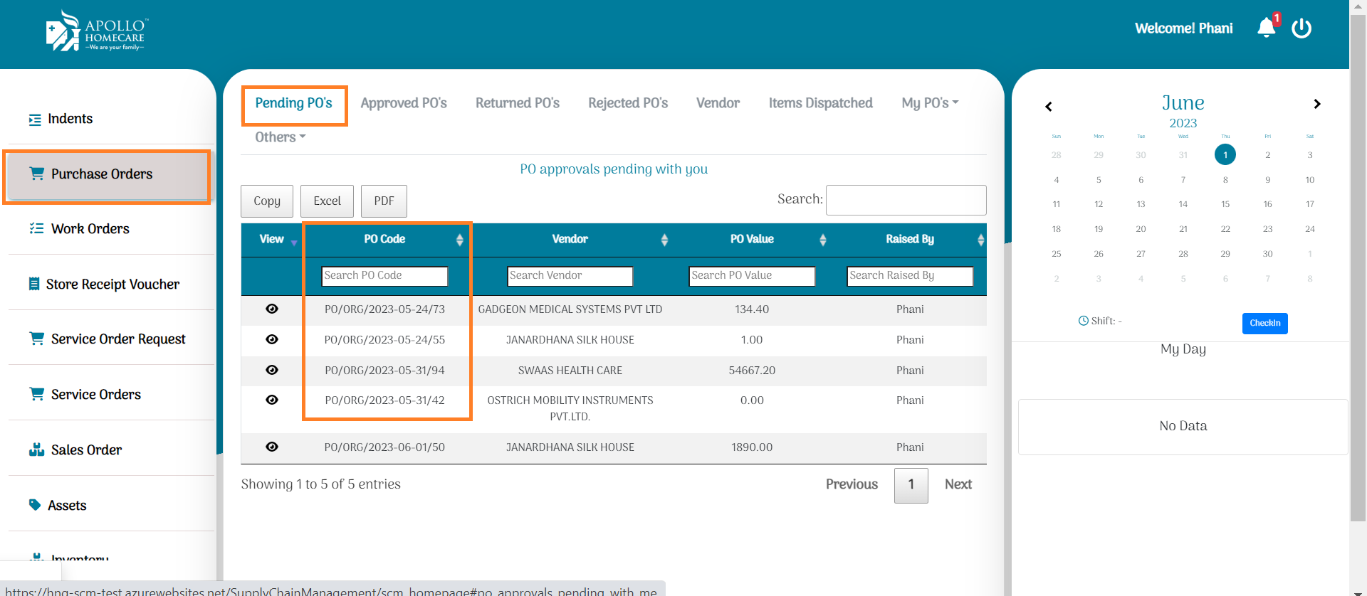 Viewed All generated PO's in PO Module: