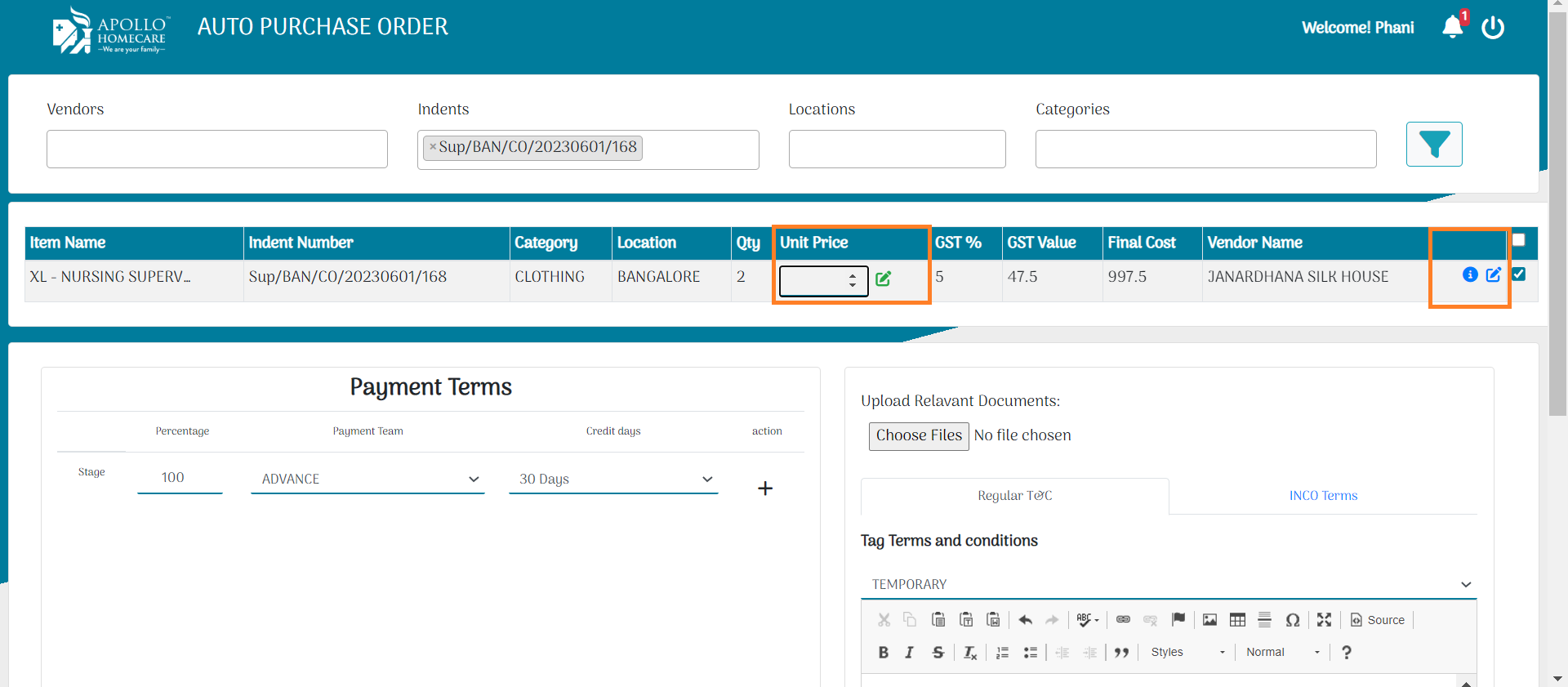 Update Price,Vendor in PO: