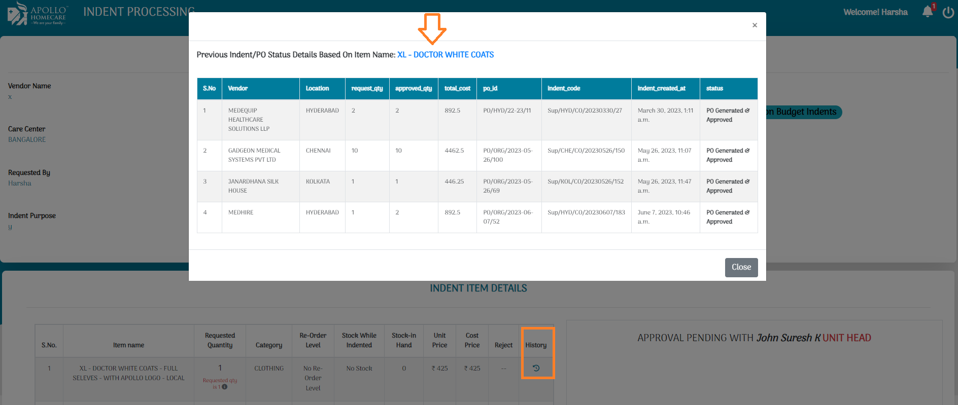 Search Item In Indent: