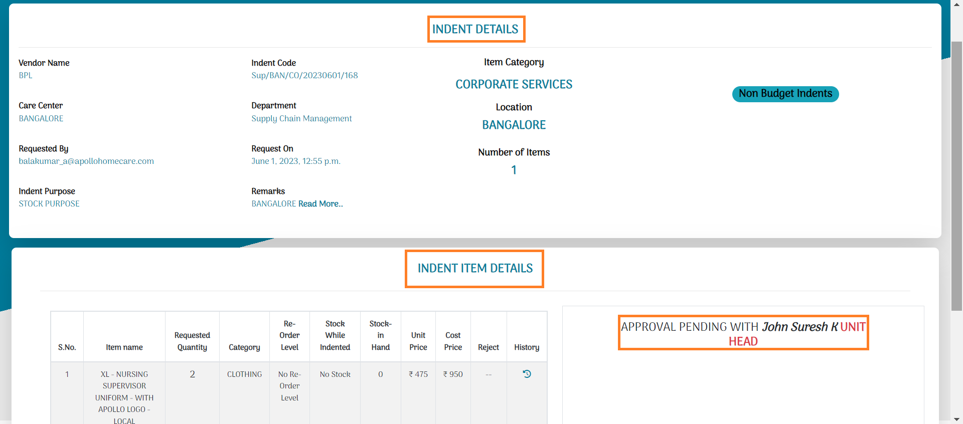 Indent goes to Unit Head Approval