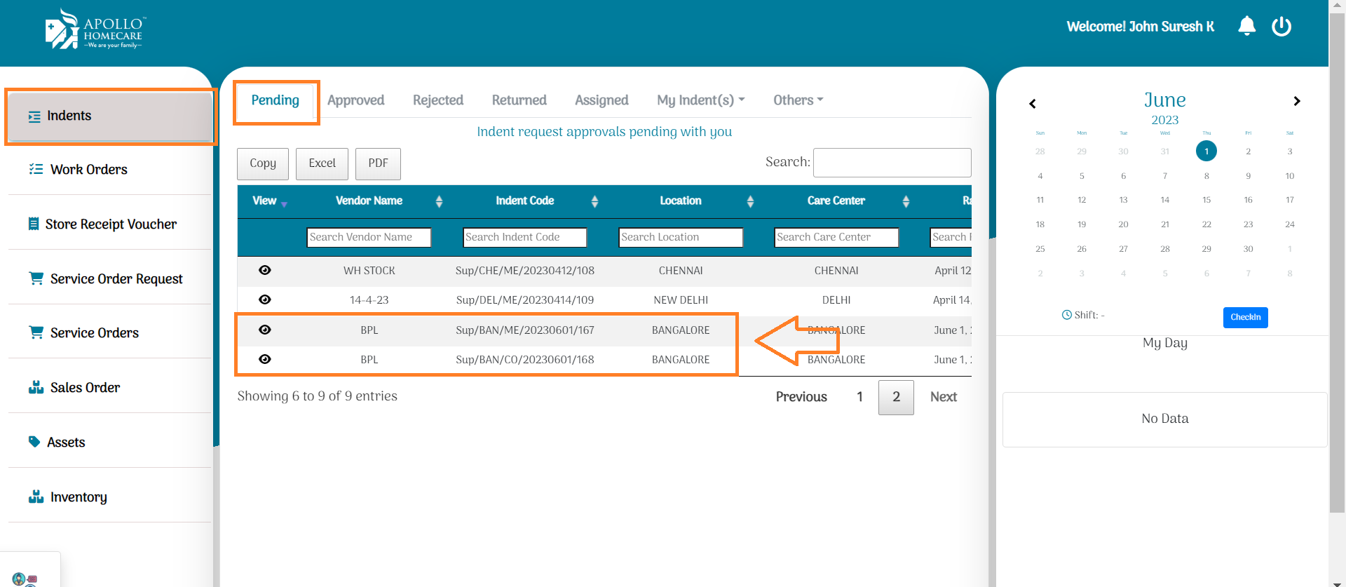 view all pending indents
